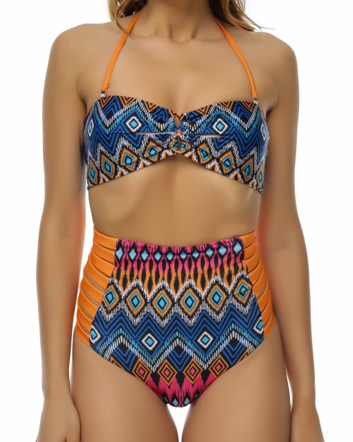 Costume de baie cu talie inalta retro Malibu PortocaliuAlbastru
