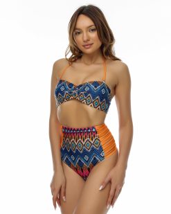Costume de baie cu talie inalta retro Malibu PortocaliuAlbastru