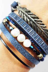 Bratara de mana dama piele Leaf Albastra