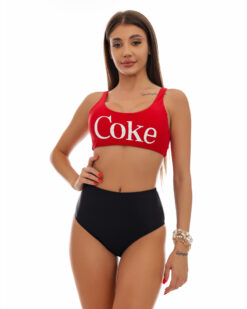 Costum de baie doua piese cu talie inalta si bustiera Coke