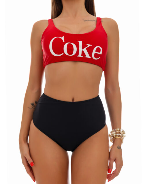 Costum de baie doua piese cu talie inalta si bustiera Coke