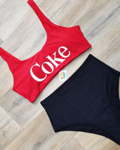 Costum de baie doua piese cu talie inalta si bustiera Coke