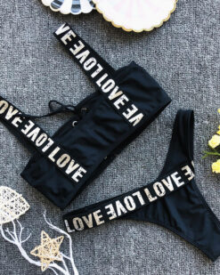 Costum de baie cu benzi elastice Love Negru