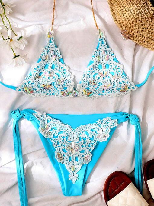 Costume de baie doua piese cu dantela Brazilia Albastru