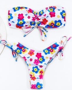 Costume de baie cu sutien banda si slip brazilian Jasmine Flowers