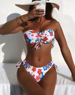 Costume de baie cu sutien banda si slip brazilian Jasmine Flowers