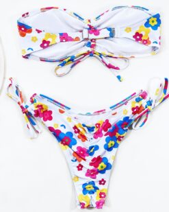 Costume de baie cu sutien banda si slip brazilian Jasmine Flowers