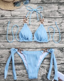 Costume de baie cu slip brazilian si lant Bamboo Blue