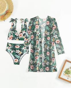 Costume de baie trei piese cu imprimeu floral Curacao Negru