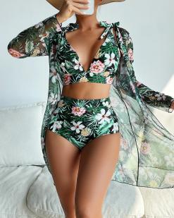 Costume de baie trei piese cu imprimeu floral Curacao Negru