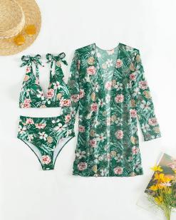 Costume de baie trei piese cu imprimeu floral Curacao Verde