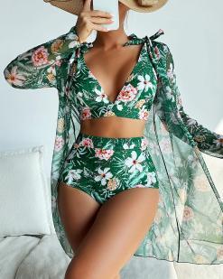 Costume de baie trei piese cu imprimeu floral Curacao Verde