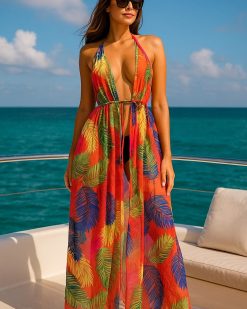 Cardigan de plaja dama, lung, material vaporos, Look Orange