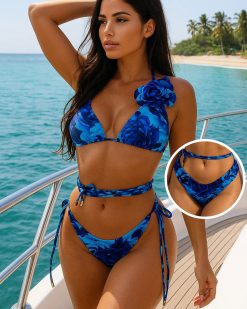 Costume de baie 3 piese, doua perechi de slip, brazilian si clasic, print trandafir Blue Fever