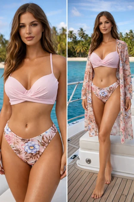 Costume de Baie dama doua piese si tunica Escape Modern Roz