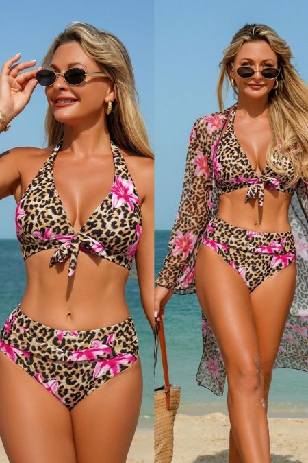 Costume de Baie 2 Piese elegant cu Tunica, Sutien și Slip clasic Capri Animal Print