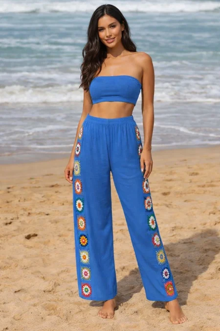 Pantaloni de Plaja usori si confortabili cu insertii crosetate Stil Boho Mara Albastrii