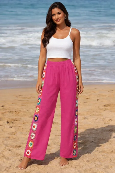 Pantaloni de Plaja usori si confortsabili cu insertii crosetate Stil Boho Mara Roz